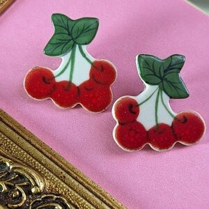 ♥️ 🍒 Vintage Cherry Enamel Earrings clip on retro fruit 1.25"